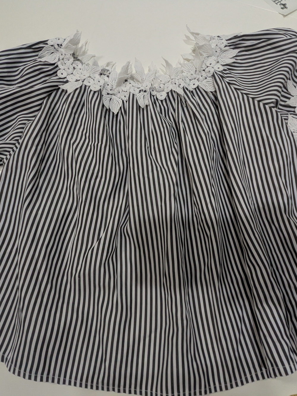 Alythea Black & White Striped Blouse with Floral Lace Yoke